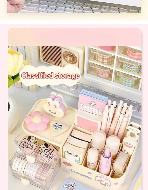 Kawaii Desktop Storage Box Organizer Cute Bear Handle Drawer Type Desk Organizer Multi-grid Pen Holder with Kawaii Stickers