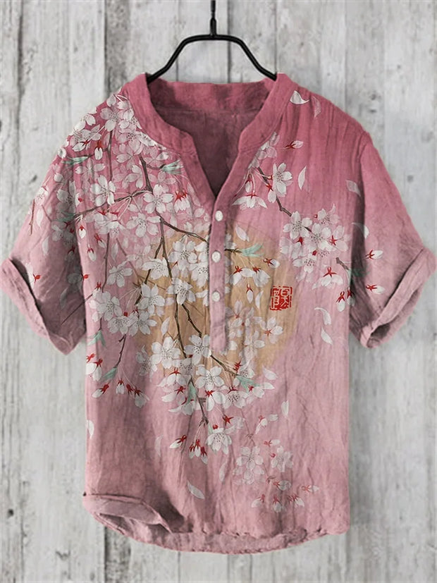 Japanese-style fashion Men's Small V-Neck henley shirt Men's Vintage Japanese Art Magnolia Flower V Neck Casual Shirt