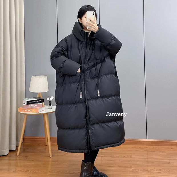 Janveny 2024 New Winter Hooded Drawstring Loose Puffer Jacket Women Solid Casual Silhouette Long 90% White Duck Down Warm Coat