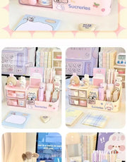 Kawaii Desktop Storage Box Organizer Cute Bear Handle Drawer Type Desk Organizer Multi-grid Pen Holder with Kawaii Stickers