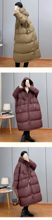 Janveny 2024 New Winter Hooded Drawstring Loose Puffer Jacket Women Solid Casual Silhouette Long 90% White Duck Down Warm Coat