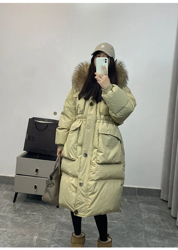 Down Jacket Women Waterproof Winter Long Puffer Jacket 2024 Real Raccoon Fur Hooded Duck Down Coat Female Rain Feather Parkas