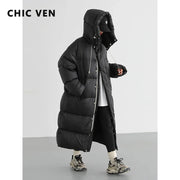 CHIC VEN Women's Down Coats Korean Loose Hooded Thick Warm Long Down Jacket Winter Coat for Women Female Parkas Outerwears 2023