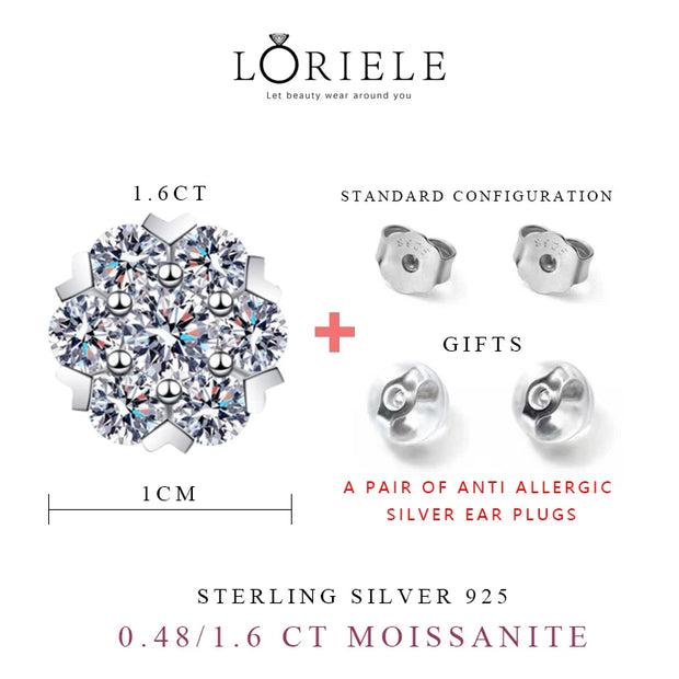 LORIELE Moissanite Diamond Stud Earrings 18K White Gold Plated Silver Flower Eearring for Brilliant Moissanite Party Jewelry