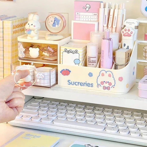 Kawaii Desktop Storage Box Organizer Cute Bear Handle Drawer Type Desk Organizer Multi-grid Pen Holder with Kawaii Stickers