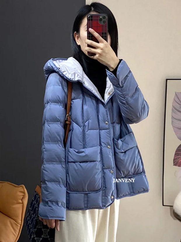 JANVENY 2024 New Winter Hooded Light Puffer Jacket Women Solid Color Versatile Portable Parka 90 White Duck Down Short Warm Coat