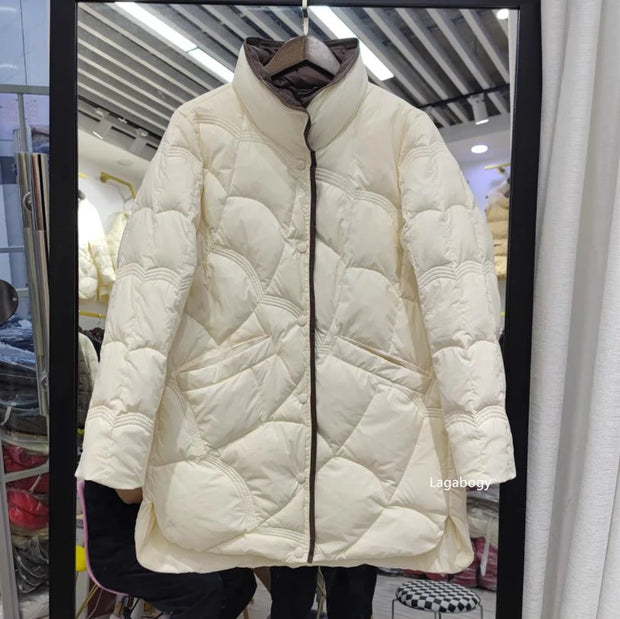 Lagabogy 2024 Mid-Long Puffer Jacket Winter Women Simple White Duck Down Coat Stand Collar Parka Female Single Breasted Outwear