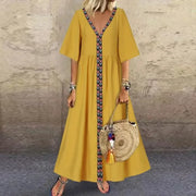 Women's L-5XL Plus Size Summer Commuting Oversized V-neck Short Sleeved Long Dress with Loose and Elegant Line Splicing Casual