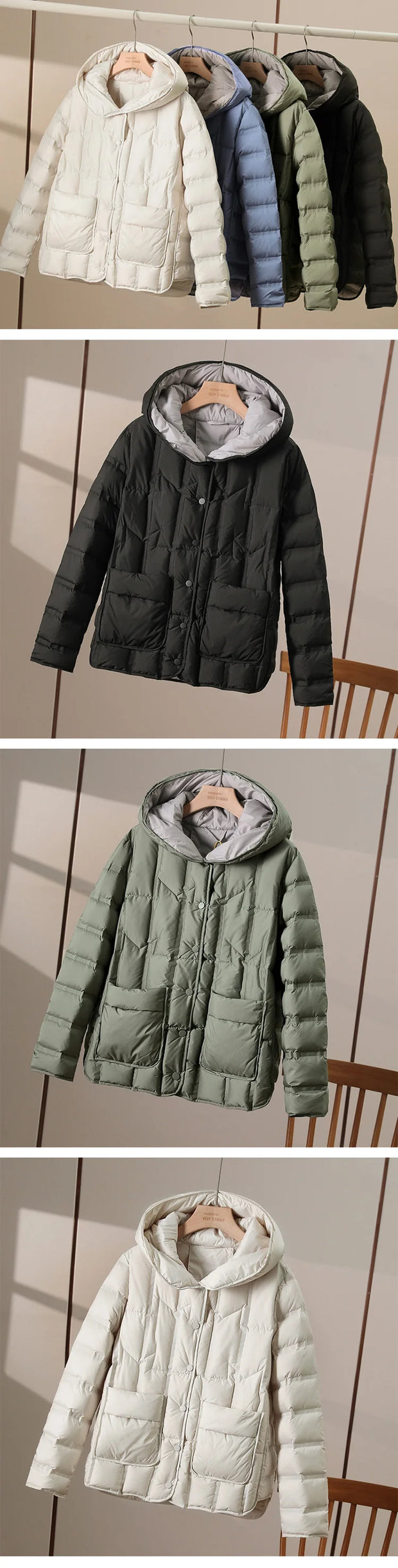 JANVENY 2024 New Winter Hooded Light Puffer Jacket Women Solid Color Versatile Portable Parka 90 White Duck Down Short Warm Coat