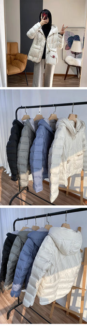 JANVENY 2024 New Winter Hooded Light Puffer Jacket Women Solid Color Versatile Portable Parka 90 White Duck Down Short Warm Coat