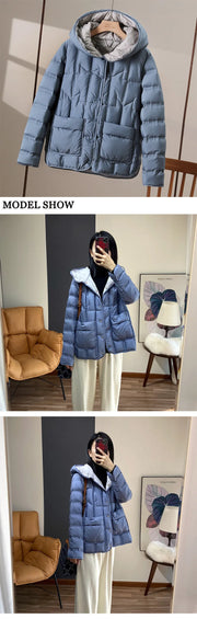 JANVENY 2024 New Winter Hooded Light Puffer Jacket Women Solid Color Versatile Portable Parka 90 White Duck Down Short Warm Coat