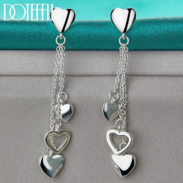 DOTEFFIL 925 Sterling Silver Solid Hollow Heart Drop Earrings For Woman Wedding Engagement Fashion Party Charm Jewelry