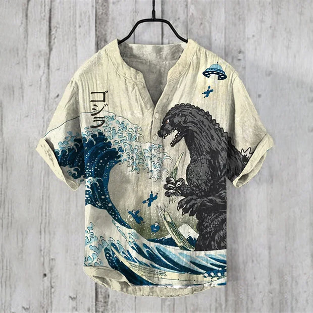 Japanese-style fashion Men's Small V-Neck henley shirt Men's Vintage Japanese Art Magnolia Flower V Neck Casual Shirt