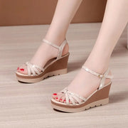 Hot Sale Thick Sole Leather Casual Platform Sandals Women Summer 2024 High Heels Wedges Shoes for Office Beach Mother