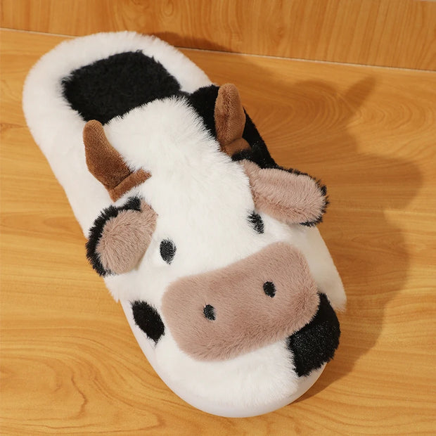 New Winter Unisex Cartoon Cow Warm Plush Slippers Couple's Indoor Non-slip House Slides Men And Women Toe Wrap Home Cotton Shoes