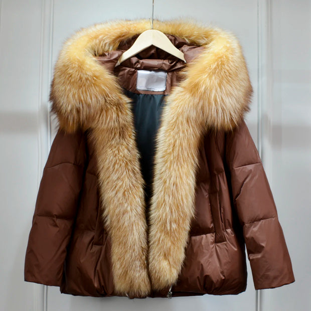 Lagabogy 2024 New Winter Women Real Fox Fur Collar Thick Warm Puffer Coat Hooded Down Jacket Luxury Outwear Female Loose Parkas