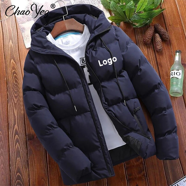 Custom Logo Winter Warm Thick Men Jacket Casual Parkas Hoodie Cotton DIY Zipper Warm Korean Style Fitness Fashion Mens Coat