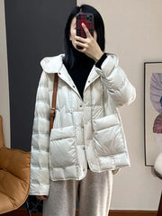 JANVENY 2024 New Winter Hooded Light Puffer Jacket Women Solid Color Versatile Portable Parka 90 White Duck Down Short Warm Coat