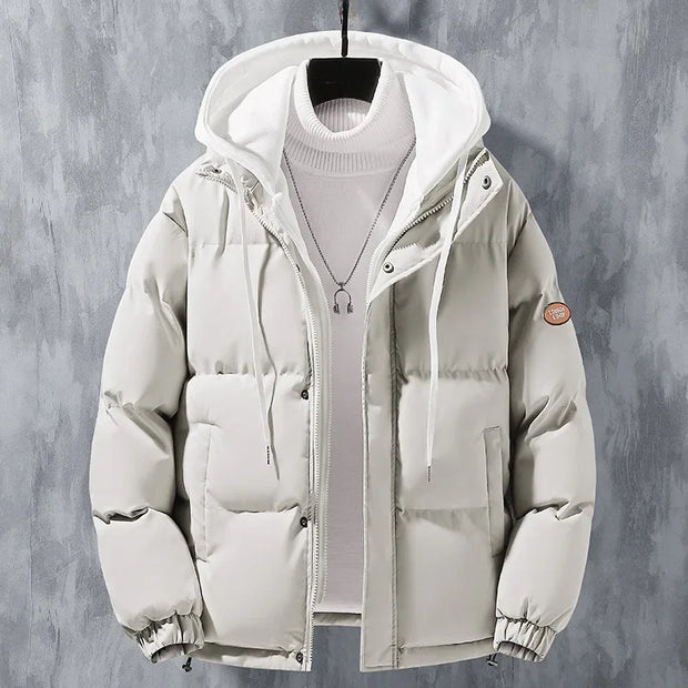 Winter Loose-fit Thickened Warm Cotton Coat Hood For Men Trendy Student Puffer Jacket Two-piece Illusion