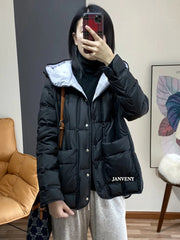 JANVENY 2024 New Winter Hooded Light Puffer Jacket Women Solid Color Versatile Portable Parka 90 White Duck Down Short Warm Coat