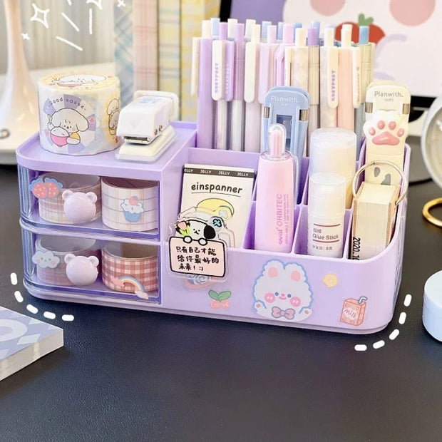 Kawaii Desktop Storage Box Organizer Cute Bear Handle Drawer Type Desk Organizer Multi-grid Pen Holder with Kawaii Stickers