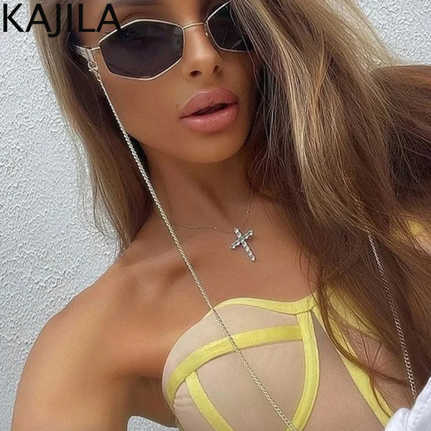 Sexy Small Frame Hexagon Sunglasses Women With Chain 2024 Luxury Brand Designer Punk Sun Glasses For Ladies Shades Gafas De Sol