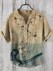 Japanese-style fashion Men's Small V-Neck henley shirt Men's Vintage Japanese Art Magnolia Flower V Neck Casual Shirt