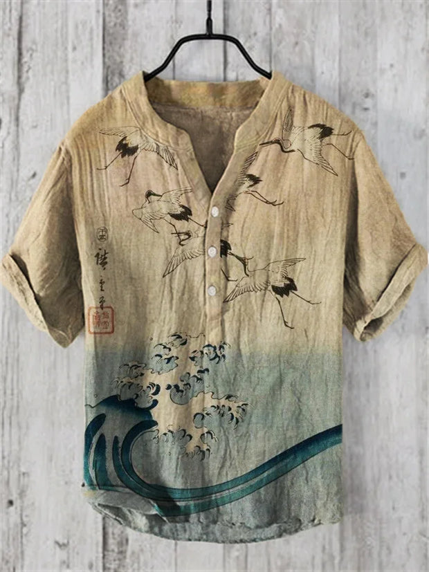 Japanese-style fashion Men's Small V-Neck henley shirt Men's Vintage Japanese Art Magnolia Flower V Neck Casual Shirt