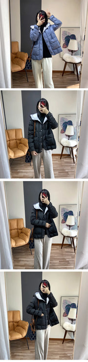 JANVENY 2024 New Winter Hooded Light Puffer Jacket Women Solid Color Versatile Portable Parka 90 White Duck Down Short Warm Coat