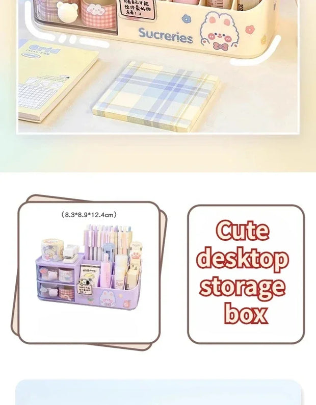 Kawaii Desktop Storage Box Organizer Cute Bear Handle Drawer Type Desk Organizer Multi-grid Pen Holder with Kawaii Stickers