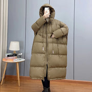 Janveny 2024 New Winter Hooded Drawstring Loose Puffer Jacket Women Solid Casual Silhouette Long 90% White Duck Down Warm Coat