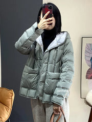 JANVENY 2024 New Winter Hooded Light Puffer Jacket Women Solid Color Versatile Portable Parka 90 White Duck Down Short Warm Coat