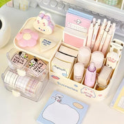 Kawaii Desktop Storage Box Organizer Cute Bear Handle Drawer Type Desk Organizer Multi-grid Pen Holder with Kawaii Stickers